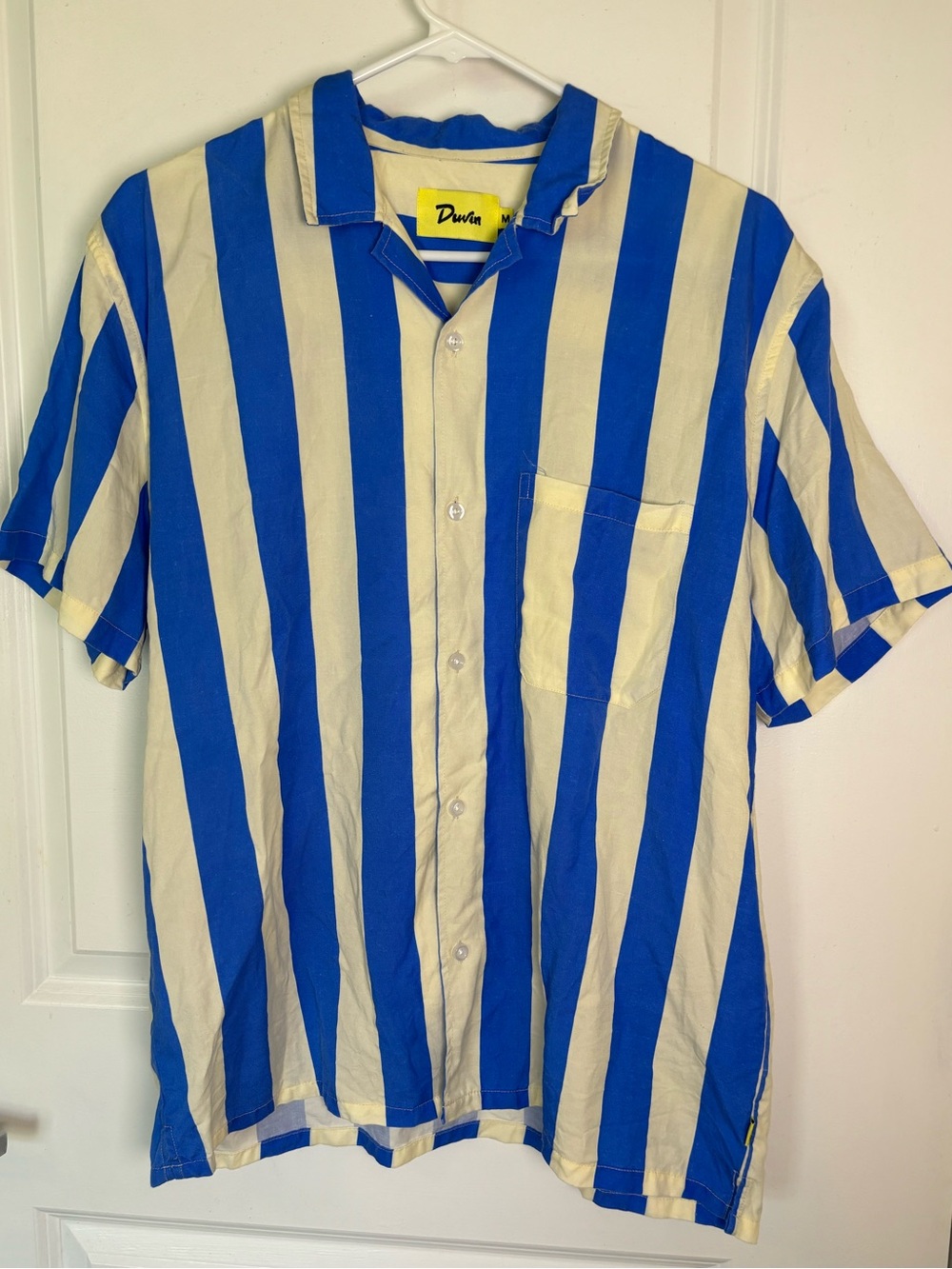 Duvin Men's M Striped Tencel Linen Woven Short Sleeve Button-Up Shirt Pockets